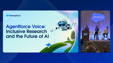 Three speakers on stage next to a presentation slide