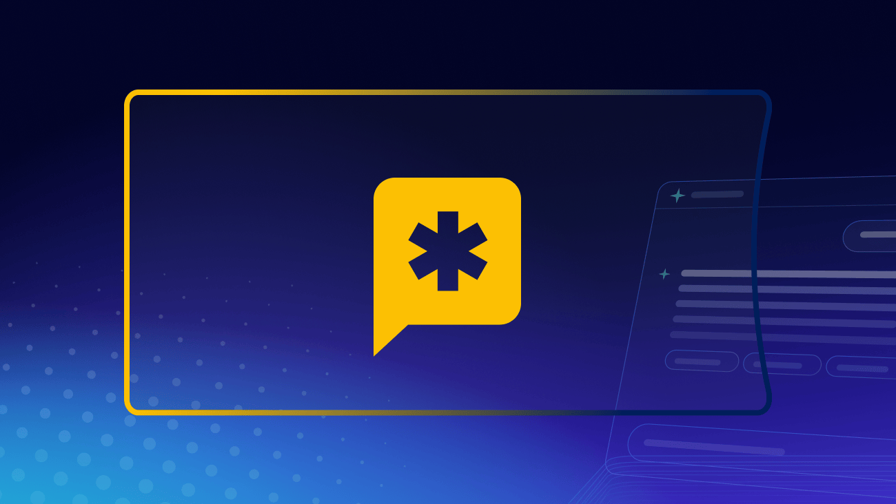 A speech bubble icon with an asterisk inside a yellow sunburst on a dark blue background with clouds.