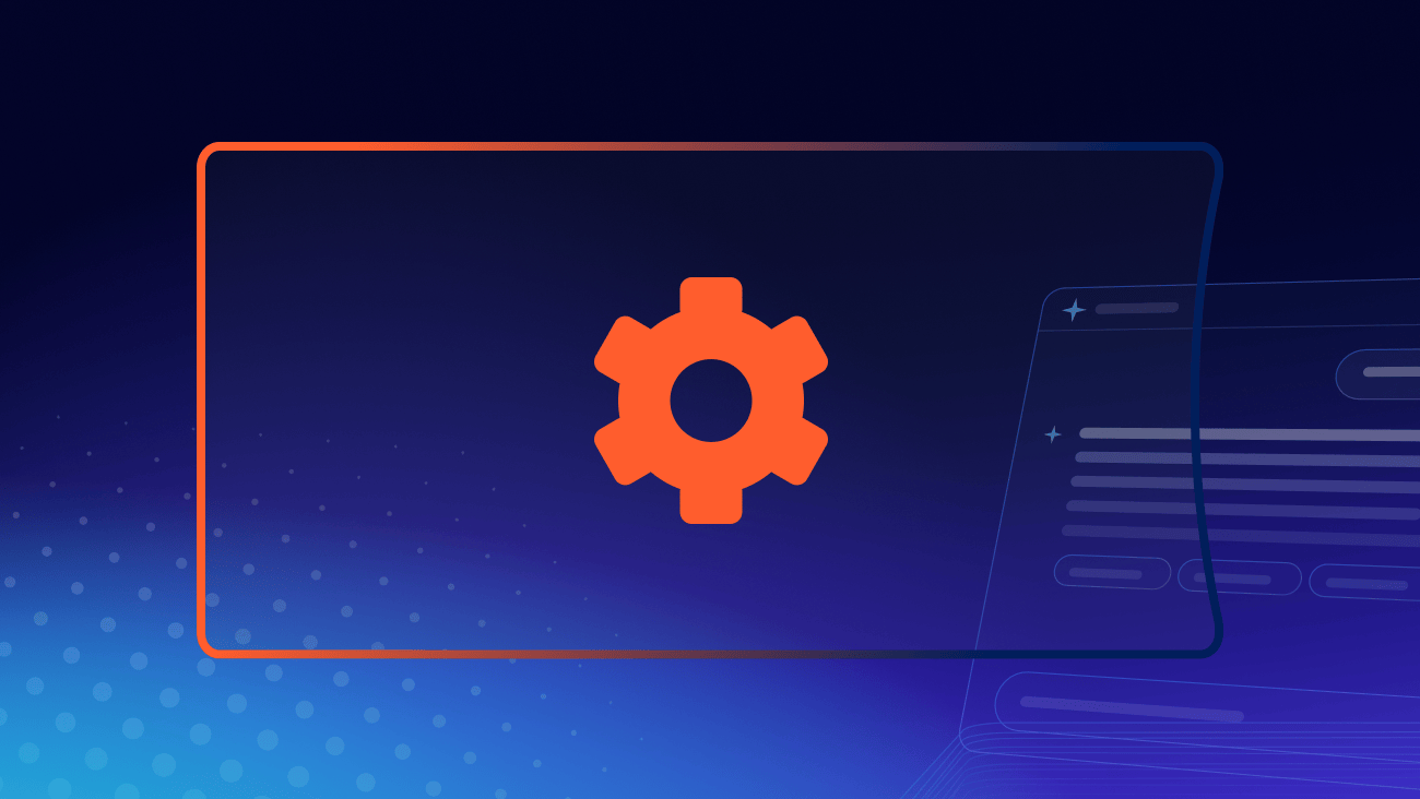 A gear icon inside an orange sunburst graphic on a dark blue background with clouds and small gear accents.