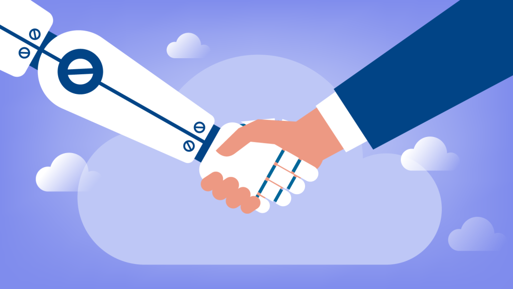 An agentic AI-powered agent and a human shake hands.