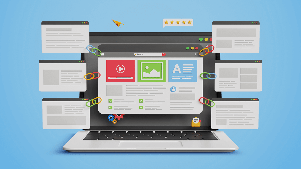 Website Link Building, Organic Traffic Boost, Digital Visibility Tactics, 3D website page with backlink pages on a laptop screen