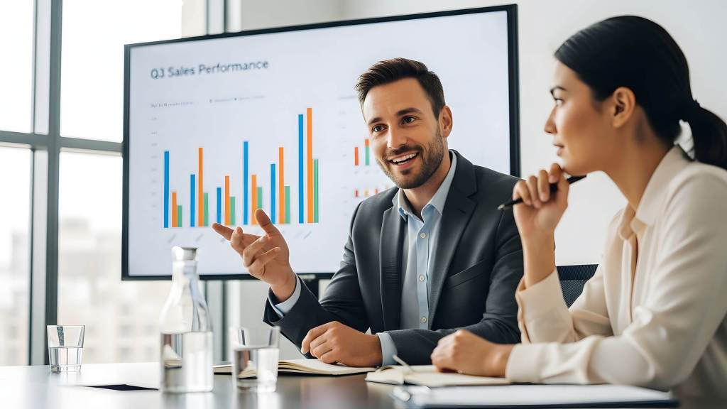 Two business professionals discussing unified sales and marketing data beside a Q3 performance chart.