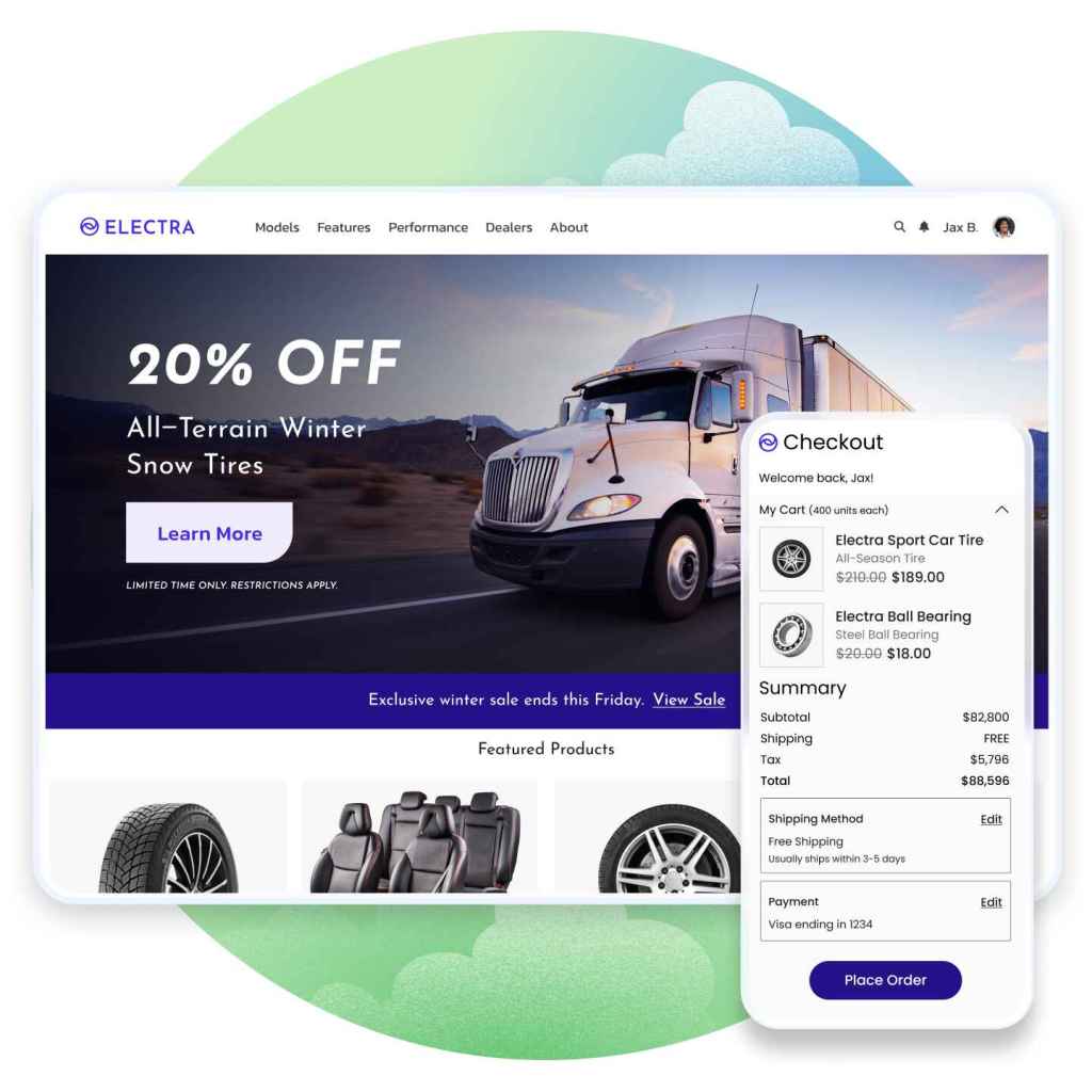 Image showing the homepage of a website for Electra automotive, with a white truck driving towards the left. A pop-out mobile screen shows a checkout flow and a Place Order CTA.
