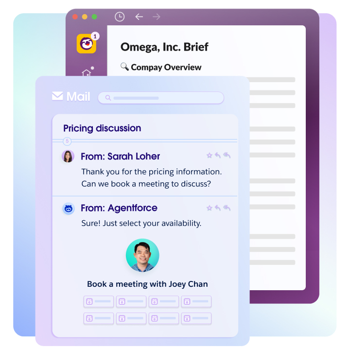 회의를 제안하고 예약할 캘린더를 제공하는 Agentforce의 이메일 스레드를 보여주는 소프트웨어 UI.