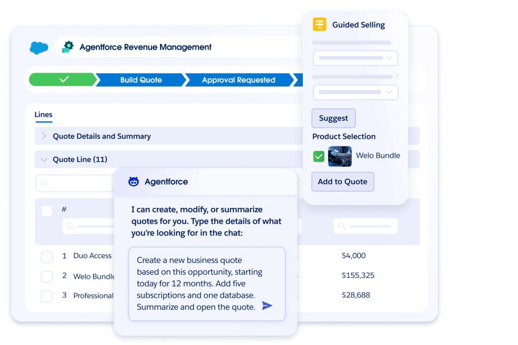 A software interface showing Agentforce Revenue Management, a CPQ process, and a chat window with a quote creation request.