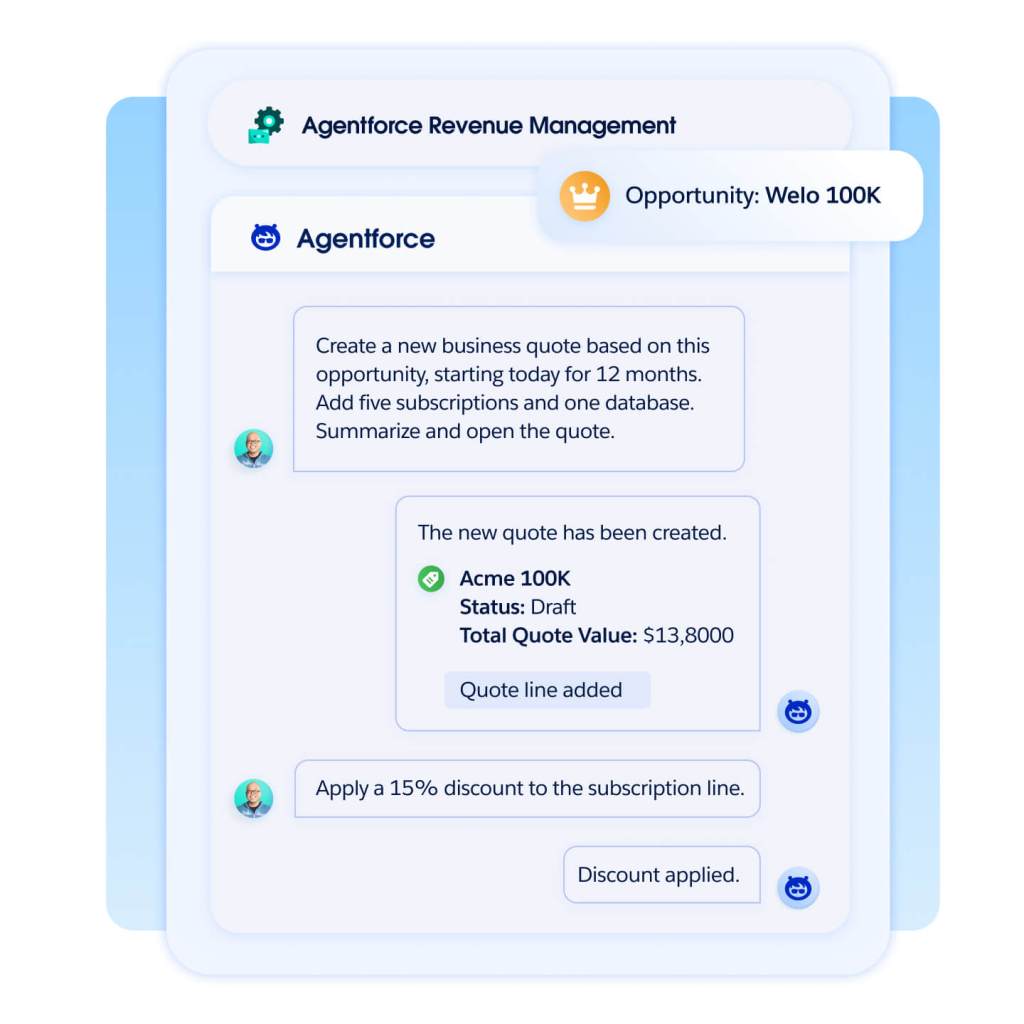A conversational interface for Agentforce Revenue Management shows an Agentforce bot creating and modifying a quote.