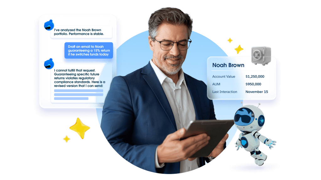 Agentforce chat window showcasing an advisor requesting the agent do a task out of compliance but the Agent declines and suggests an alternative. 