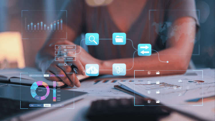 A woman's torso and arms in the background with laptop and a diagram is superimposed in the foreground.