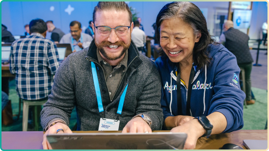 Two industry peers connecting on the expo floor