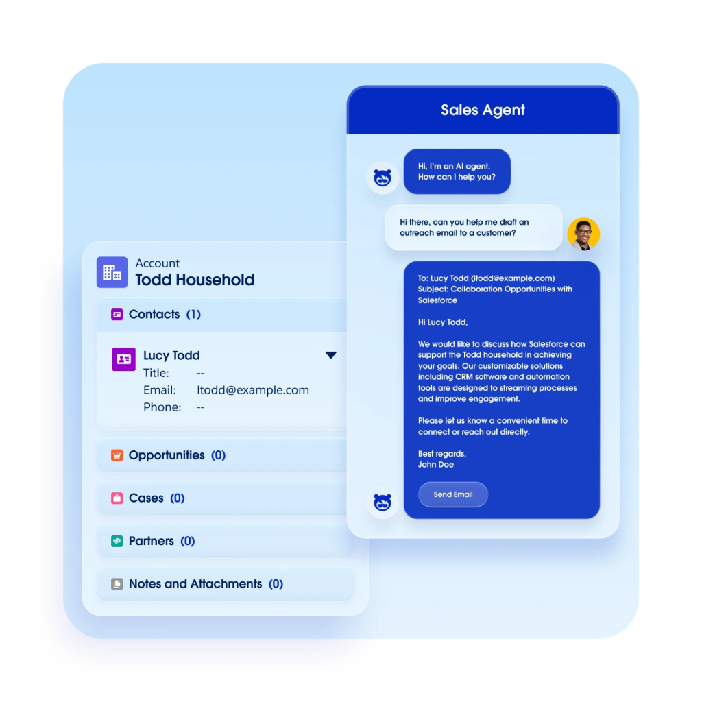 A graphic showing how Einstein uses CRM data and Trust Layer to generate content. 