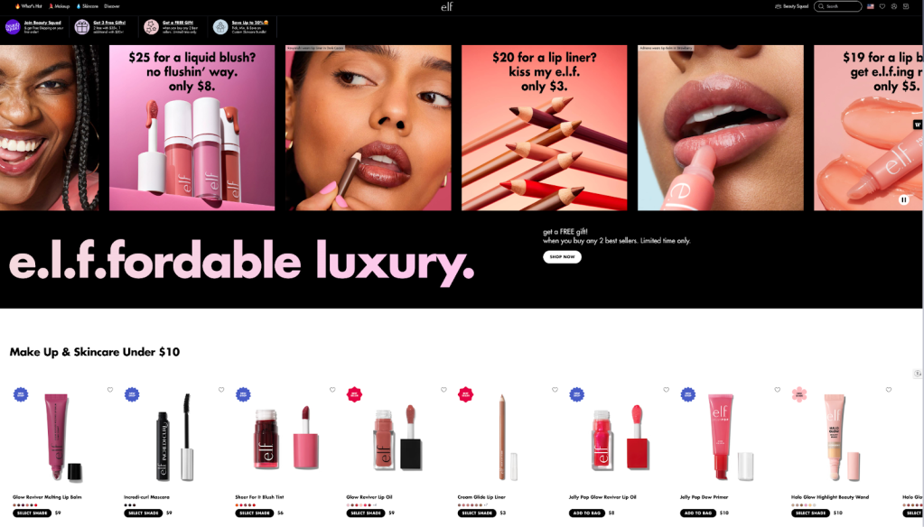 The e.l.f. Cosmetics homepage featuring a "e.l.f.fordable luxury" banner with vibrant photos of models and makeup products, followed by a "Make Up & Skincare Under $10" product gallery.