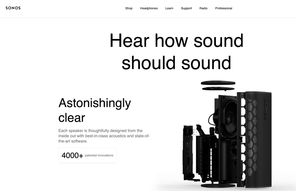 A Sonos web page featuring an exploded-view technical diagram of a speaker's internal components with the headline "Hear how sound should sound".