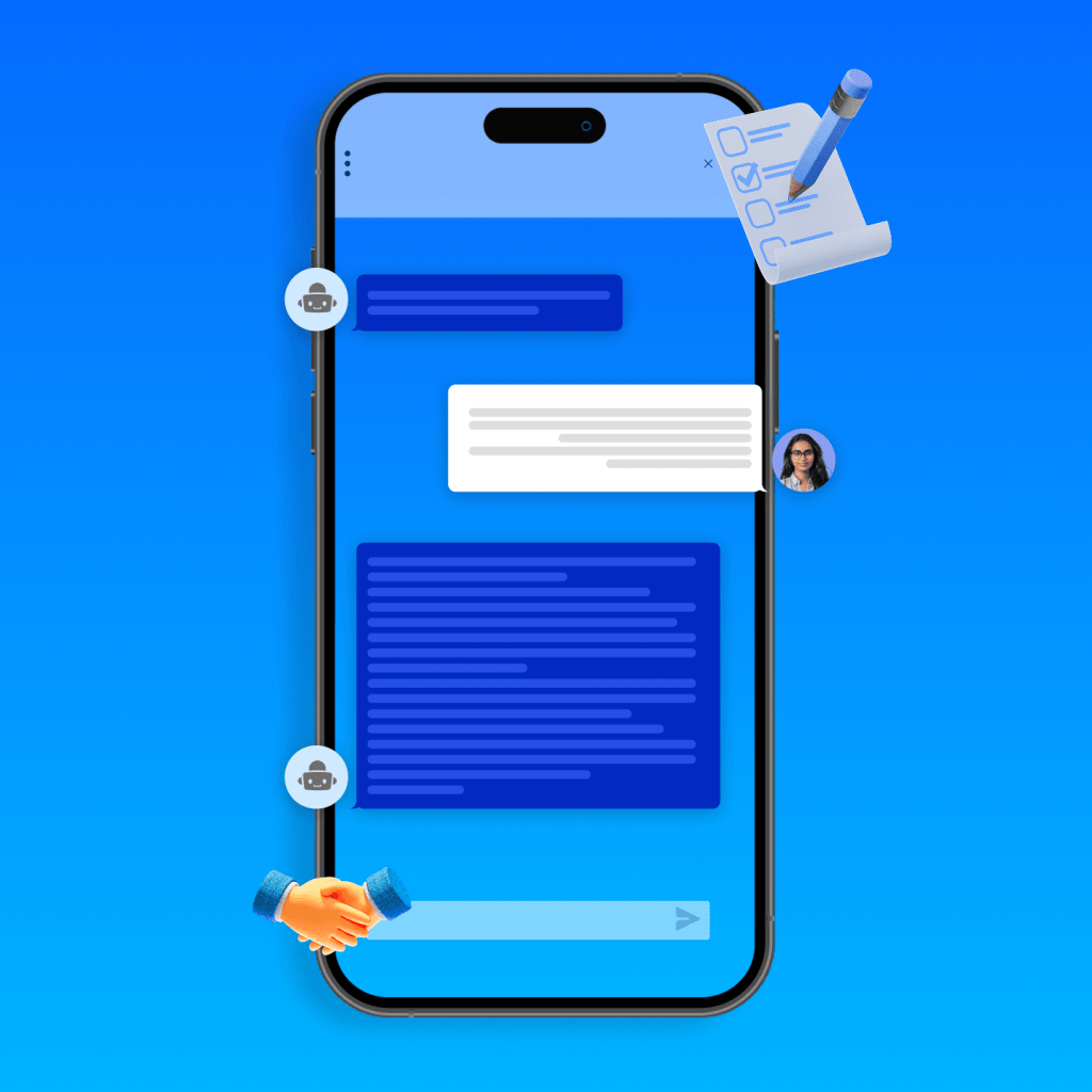 The image is of a chat interaction on a smartphone with a handshake icon to the bottom left and a checklist document to the top right.