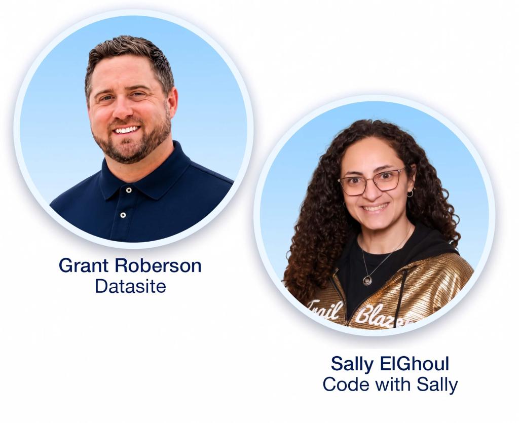 Photos of Sally ElGhoul of Code with Sally and Grant Roberson of Datasite. In this chapter, they discuss building Agentforce the right way.