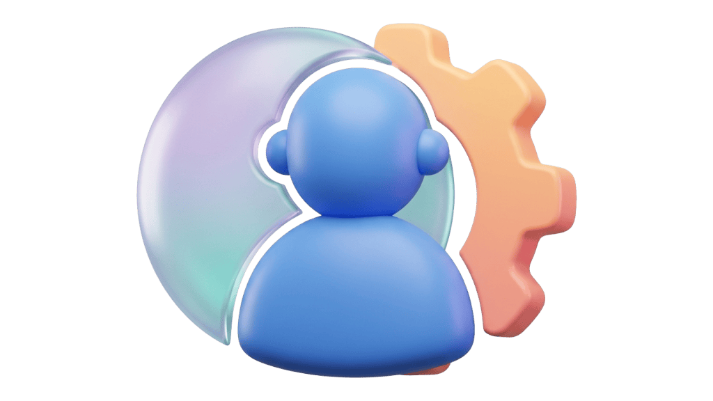 Icon of a user figure with a gear and iridescent sphere behind it.