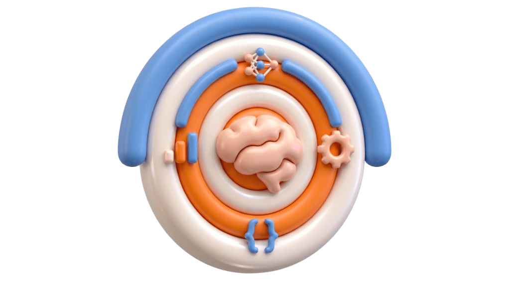 Icon of brain at the center surrounded by concentric rings with tech icons, including a neural network, a gear, curly code brackets, and a bar chart.