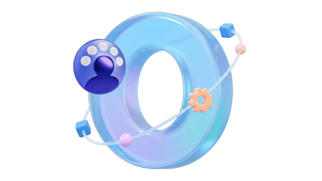 Icon of a light-blue number zero surrounded by an orbiting ring with an orange gear, beads, and a user profile icon.