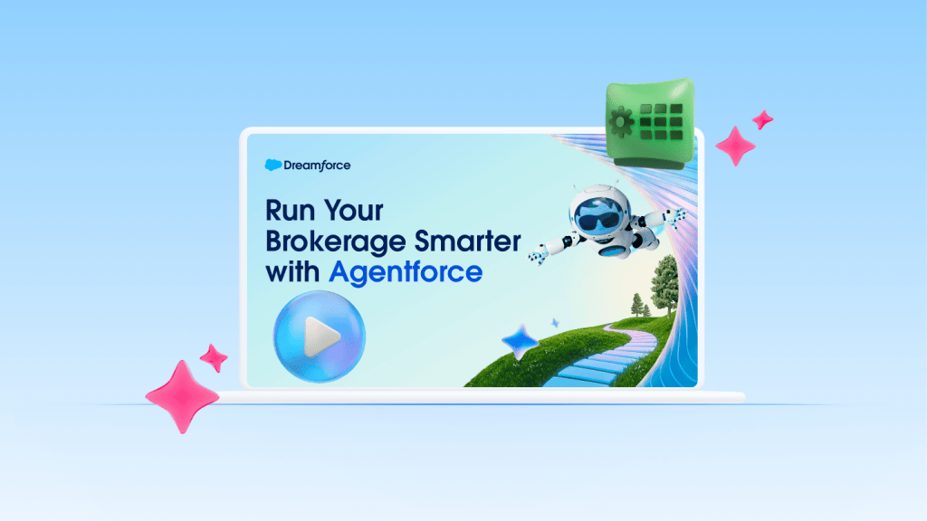 Pantalla de un portátil en la que se muestra la promoción de Dreamforce con el texto "Dirija su corretaje de manera más inteligente con Agentforce" junto a un personaje de robot volador.
