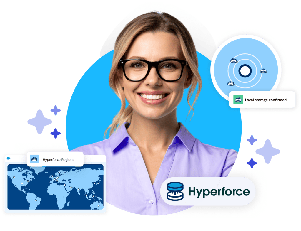 Woman smiling in front of Hyperforce illustrations.