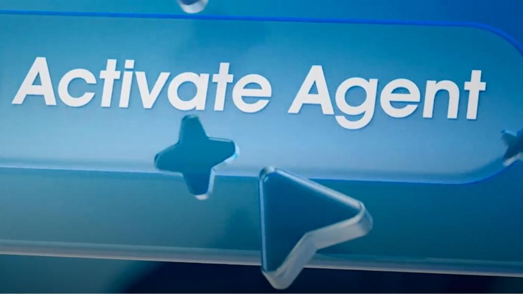 Close-up of a glowing blue 'Activate Agent' button with a star icon and a triangular play/cursor icon.
