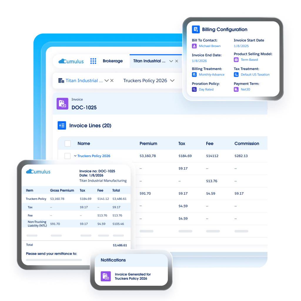 Pantalla de Salesforce en la que se muestra un módulo de configuración de facturación y una factura con una notificación de que esta se ha generado, junto con un PDF de la factura.