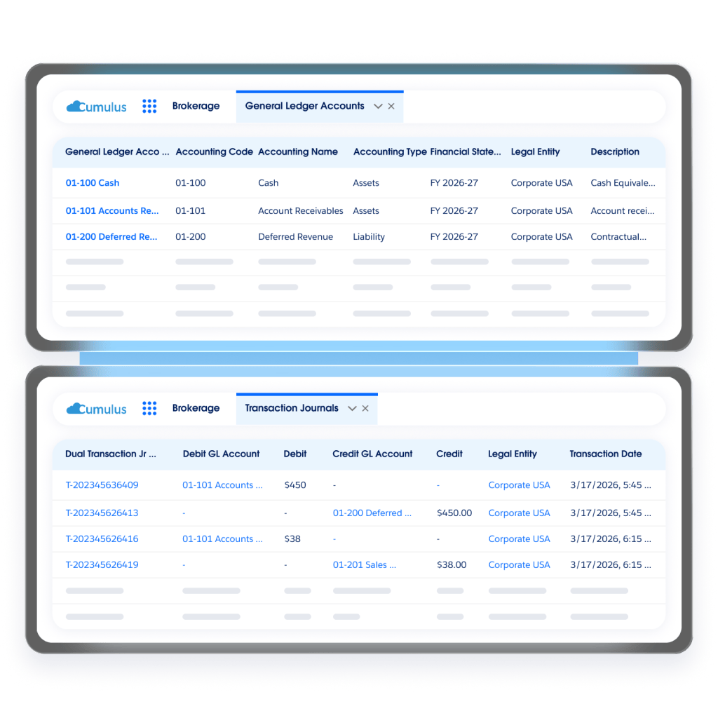 Pantalla de Salesforce que muestra cuentas del libro de contabilidad general y diarios de transacciones.