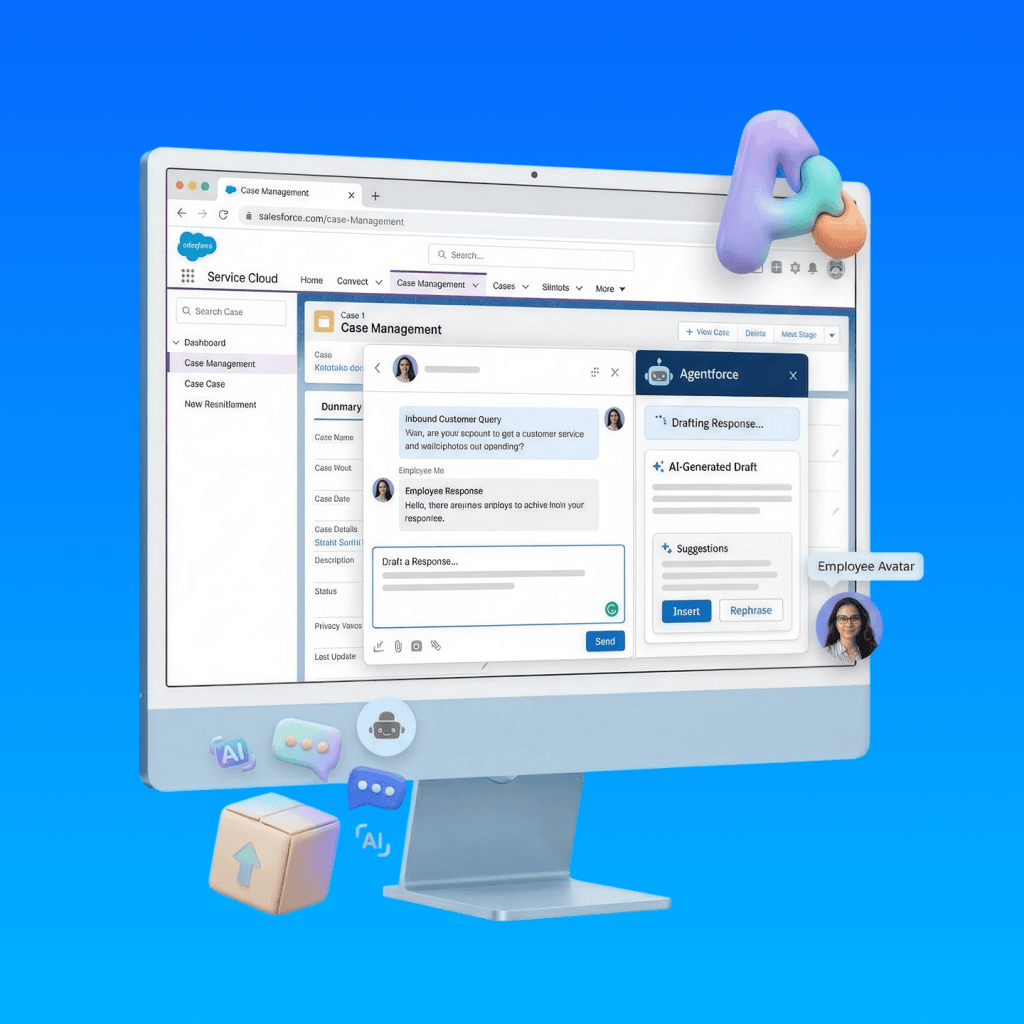 The image displays a computer monitor showing Salesforce's Service Cloud platform with an Agentforce side panel. Within the interface, an agent is managing an inbound customer query and drafting a response using AI-generated draft suggestions.