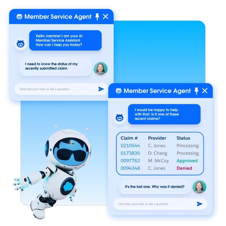 AI customer support chat interface showing insurance claim status inquiries, accompanied by a 3D robot mascot illustration.