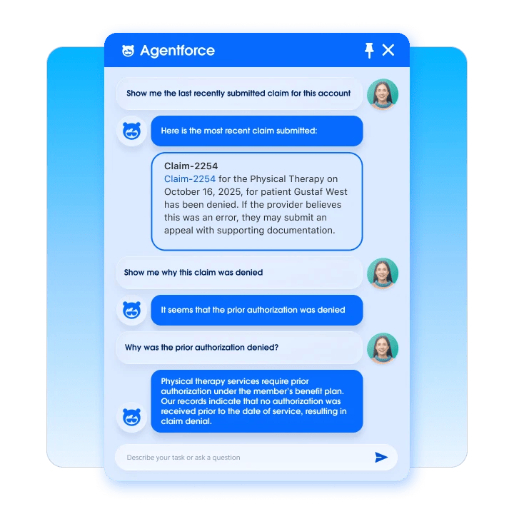 Agentforce chatbot interface displaying an inquiry and explanation regarding a denied healthcare claim for physical therapy.