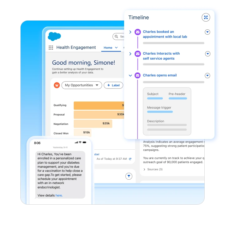 Salesforce Health Engagement dashboard showcasing patient interaction timelines, opportunity metrics, and mobile care notifications.
