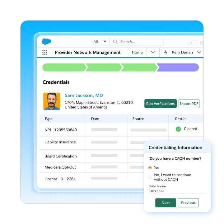 Salesforce Provider Network Management interface displaying a physician's credentials verification table with a credentialing information prompt overlay.
