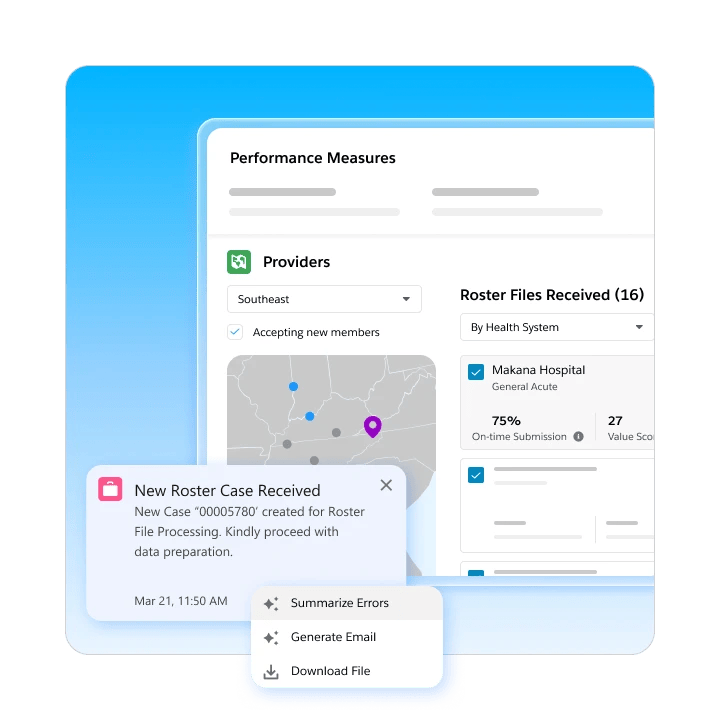 Healthcare provider management dashboard showing a map, roster cases, and AI actions like error summarization.