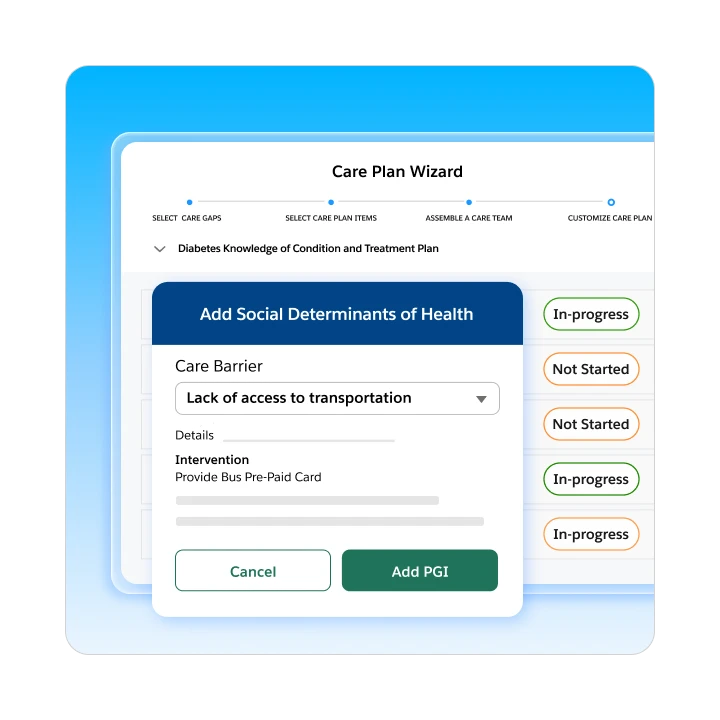 Care Plan Wizard pop-up window for adding social determinants of health and transportation care barriers.