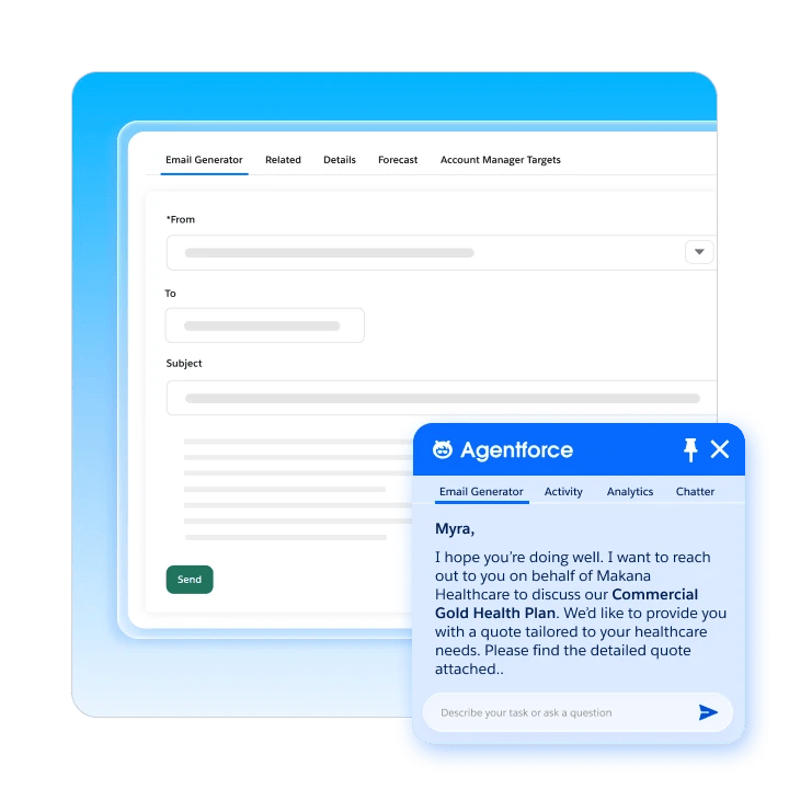 Agentforce email generator interface drafting a personalized outreach message regarding a commercial healthcare plan.