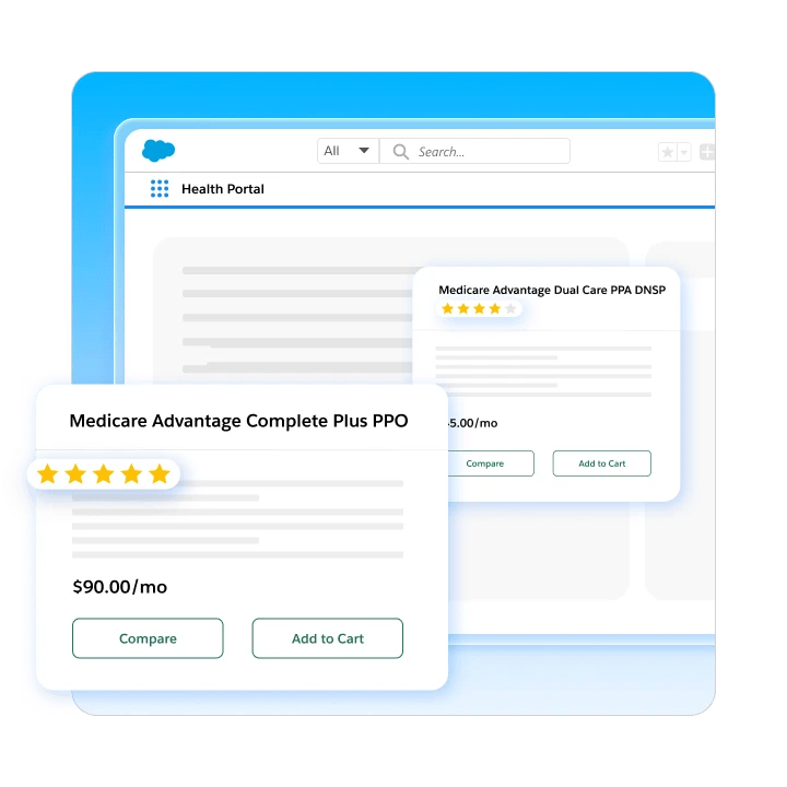 Health portal interface featuring Medicare Advantage plan comparison cards with pricing, ratings, and add-to-cart options.
