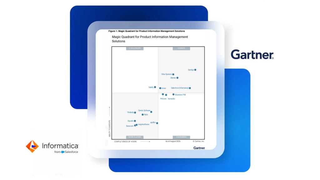 Gartner Magic Quadrant chart from August 2026 evaluating Product Information Management Solutions, featuring the Informatica from Salesforce logo