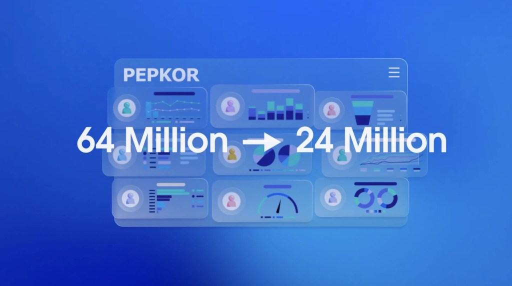 Pepkor dashboard on blue background with charts and icons and text reading sixty four million to twenty four million