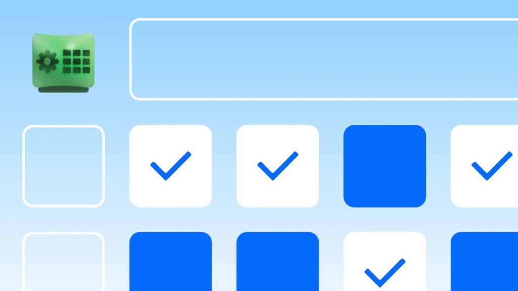 Financial Services icon and grid sits above a table of white checkmark squares and blue squares on a light blue gradient.