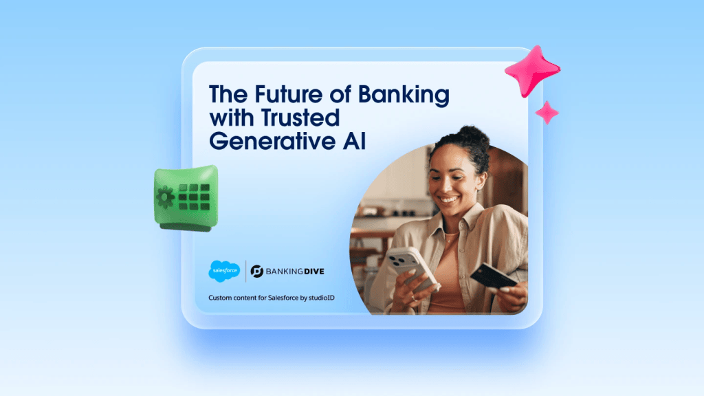 Salesforce and Banking Dive ebook cover, "The Future of Banking with Trusted Generative AI," showing a smiling woman holding a smartphone and a credit card.