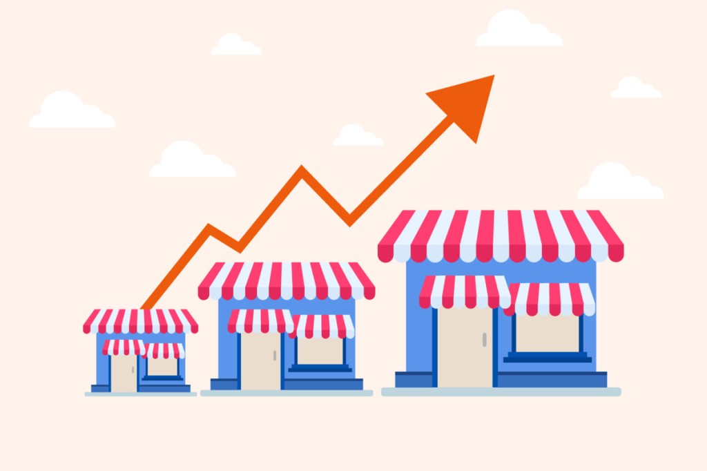 La crescita di una piccola impresa è illustrata da una freccia diretta verso l'alto sopra negozi di dimensioni via via maggiori