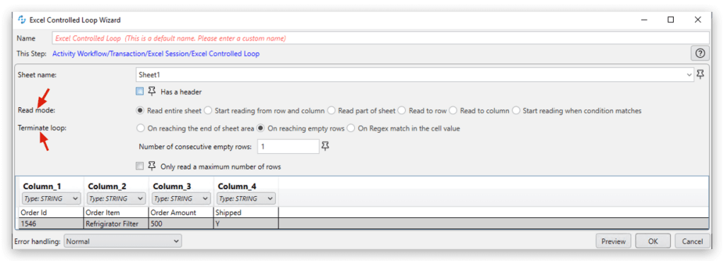 Screenshot of the Excel Controlled Loop Wizard in MuleSoft RPA, illustrating how to automate iteration through Excel data rows in robotic process automation workflows.