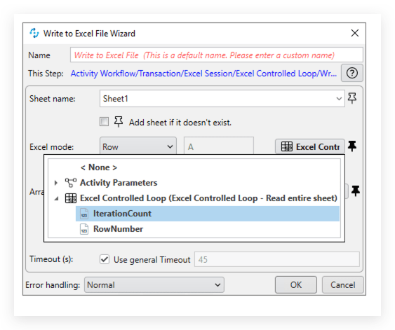 Screenshot of the Read from Excel File Wizard with Iteration Count in MuleSoft RPA, showcasing the setup for iterating data extraction in automation workflows.