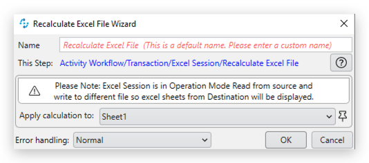 Screenshot of the Recalculate Excel File Wizard in MuleSoft RPA, illustrating the options for automating recalculations in Excel spreadsheets.