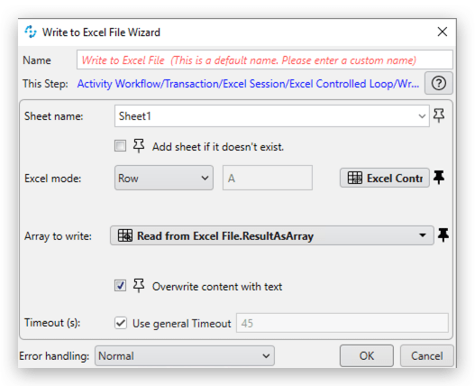 Screenshot of the Write to Excel File Wizard in MuleSoft RPA, showing the configuration options for automating data entry into Excel spreadsheets.