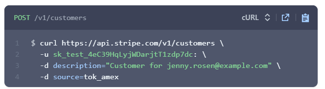 Screenshot of Stripe demonstrates an API call that uses a complete cURL request