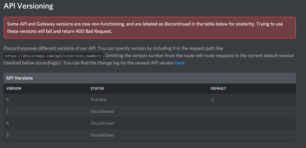 Screenshot of Discord's reference offers versions for older APIs