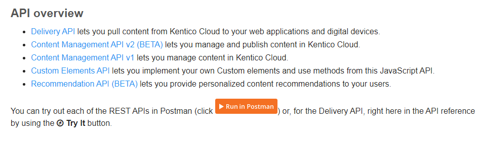 Screenshot of example from the Kentico Cloud API reference