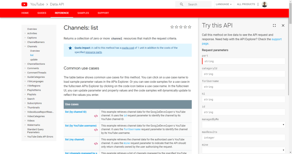 Screenshot of YouTube API portal