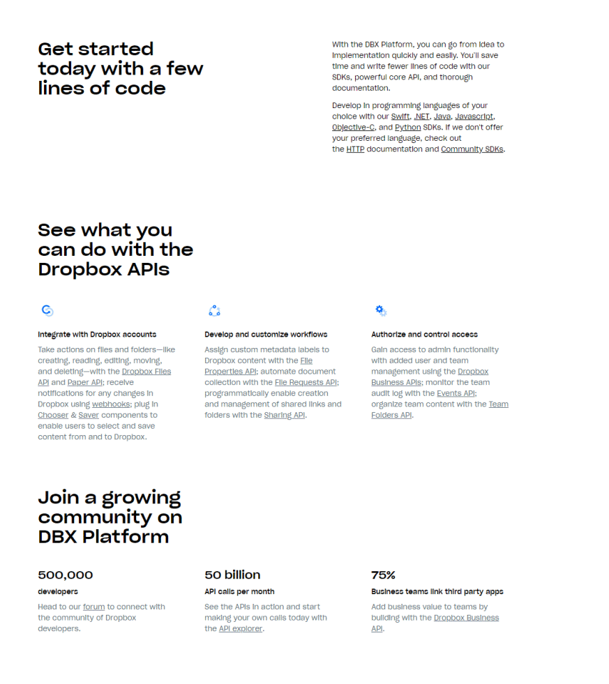 Screenshot of Dropbox sprinkles a number of CTAs throughout its landing page