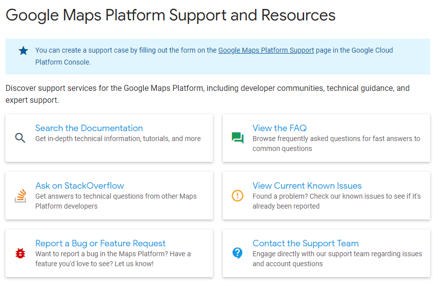 Screenshot of Google Maps Platform Support
